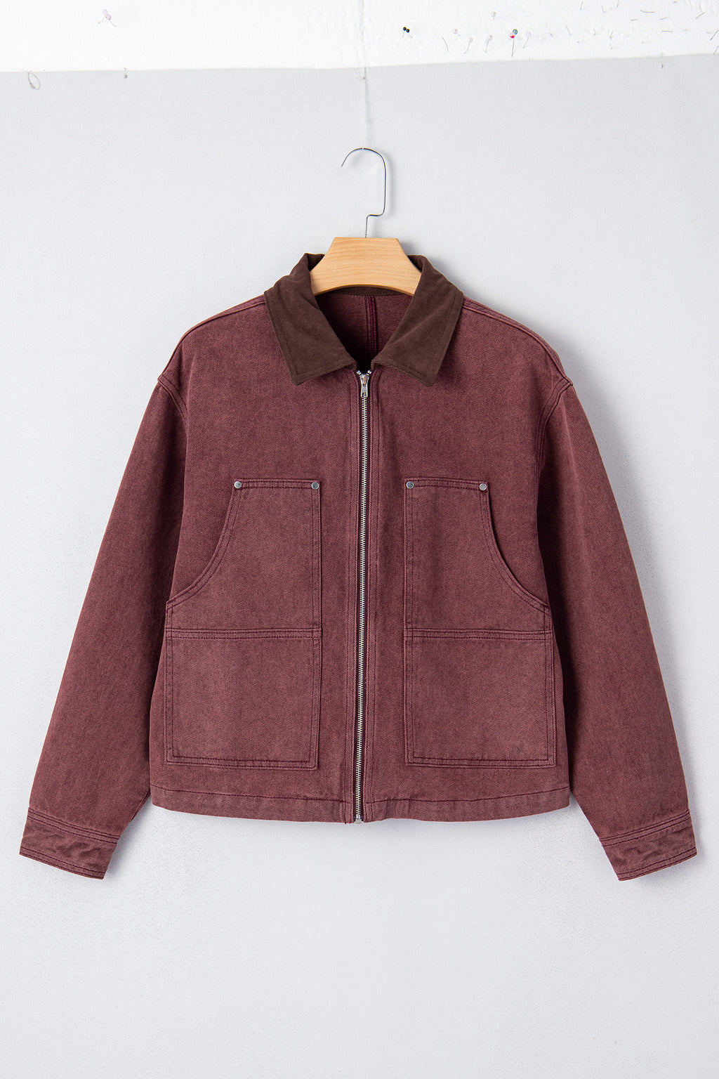 *Coffee Corduroy Collar Zipped Front Denim Jacket