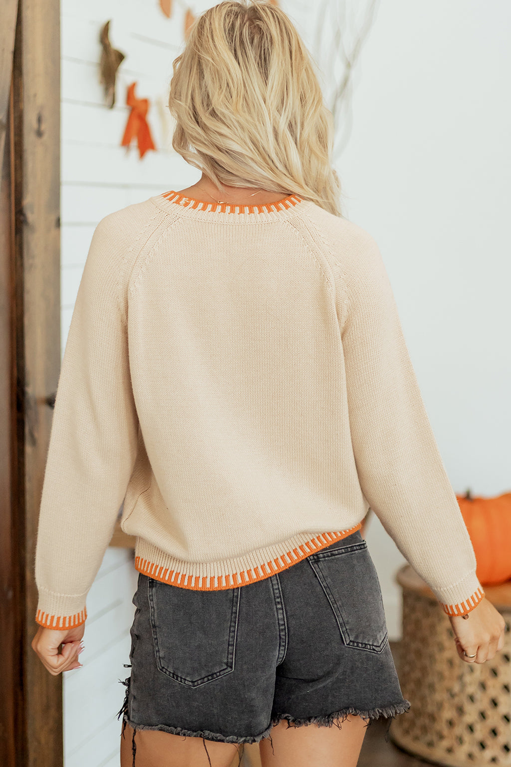 *Parchment Floral Embroidery Pumpkin Long Sleeve Round Neck Sweater