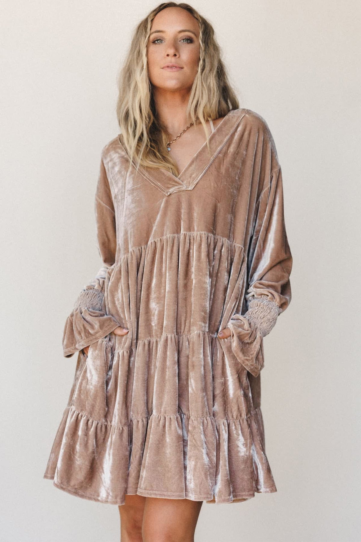 *Smoke Gray Solid Color V Neck Velvet Tiered Long Sleeve Dress