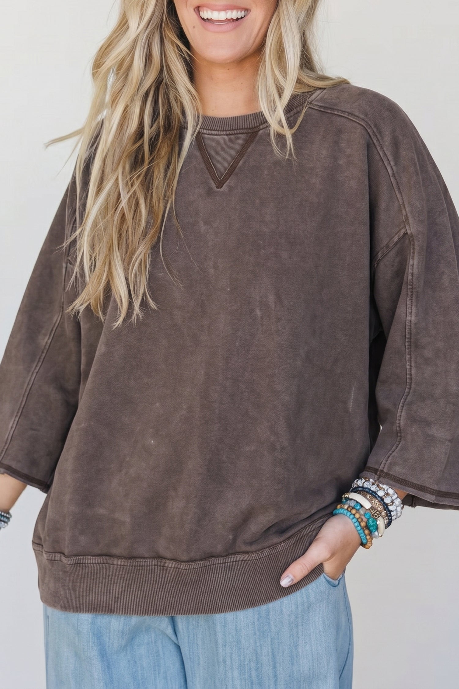 *Dark Brown 3/4 Sleeve Mineral Wash Loose Cotton Top