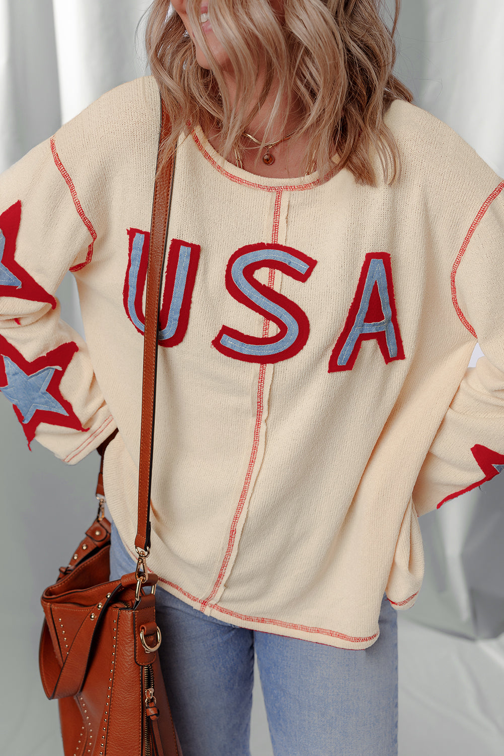 *Beige USA Star Contrast Patchwork Exposed Seam Long Sleeve Top