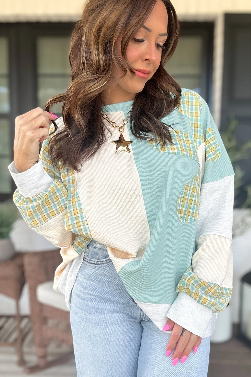 *Light Blue Plaid Patchwork Round Neck Long Sleeve Top