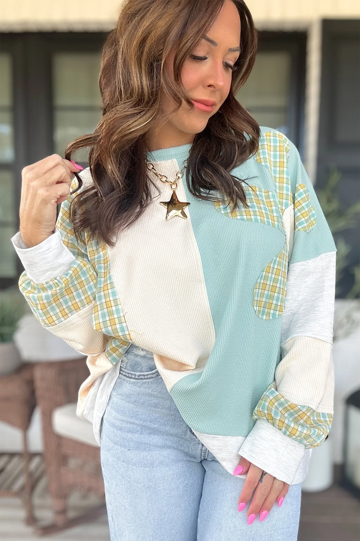 *Light Blue Plaid Patchwork Round Neck Long Sleeve Top