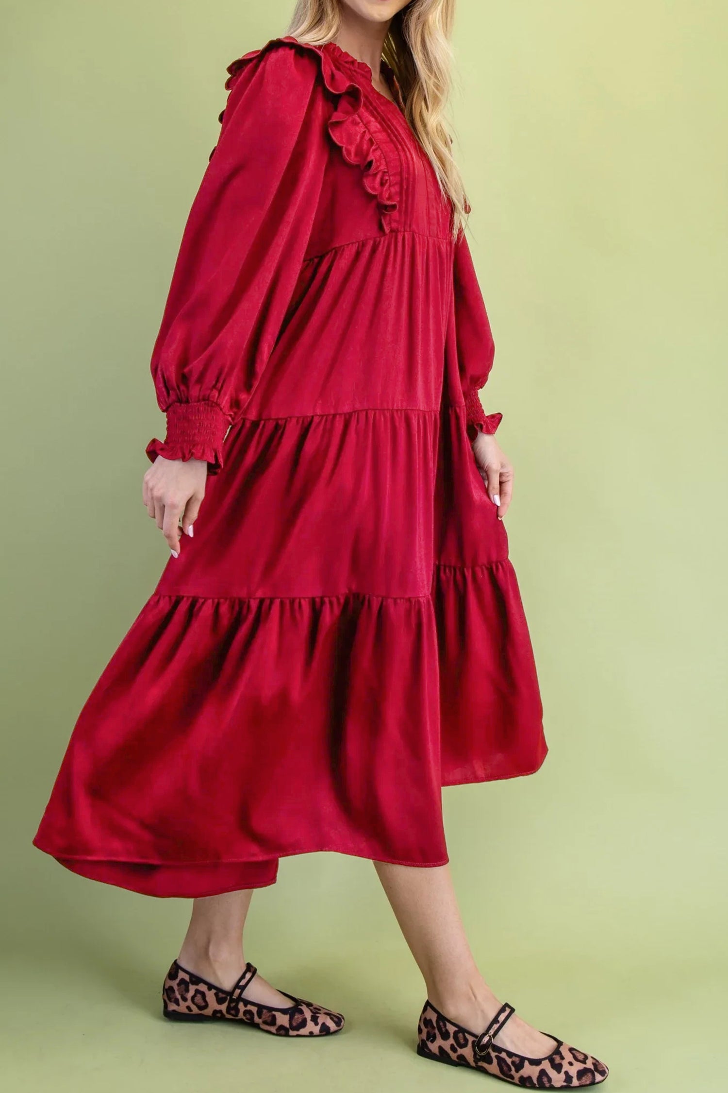 *Racing Red Solid Color Ruffle Trim Long Sleeve Tiered Shift Midi Dress