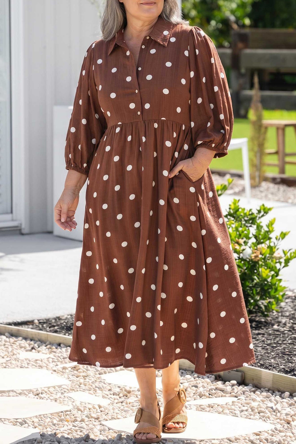 *Brown Polka Dot V Neck Abdomen Pocket Gathered Cuffs Long Sleeve Shift Plus Size Dress