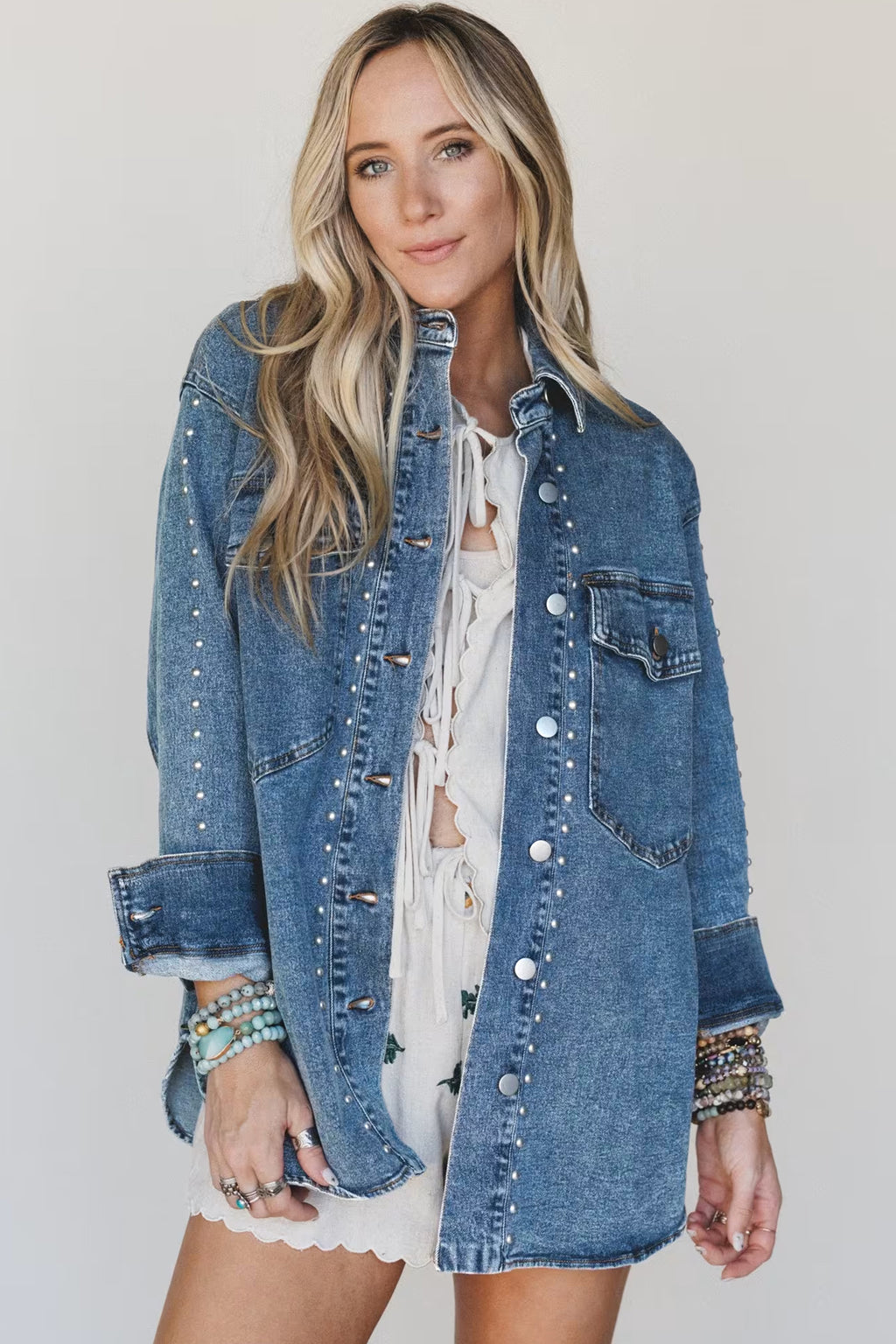 *Sail Blue Rivet Embellished Western Style Regular Fit Long Sleeve Denim Jacket