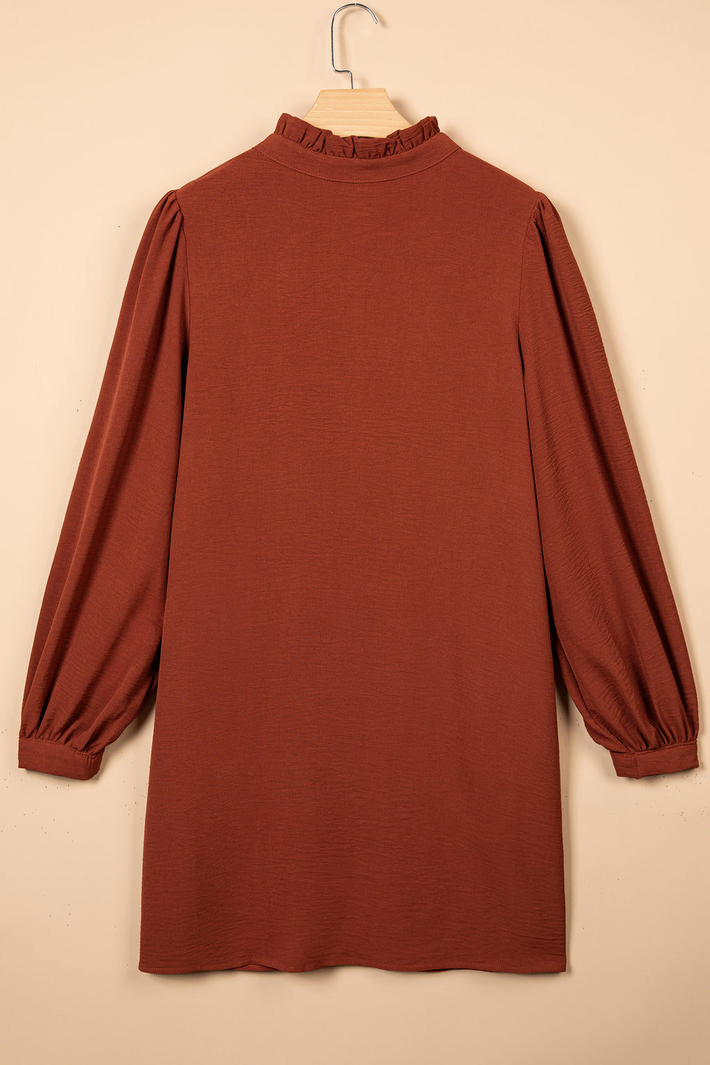 *Coffee Solid Shift Long Sleeve Short Length One Piece Dress