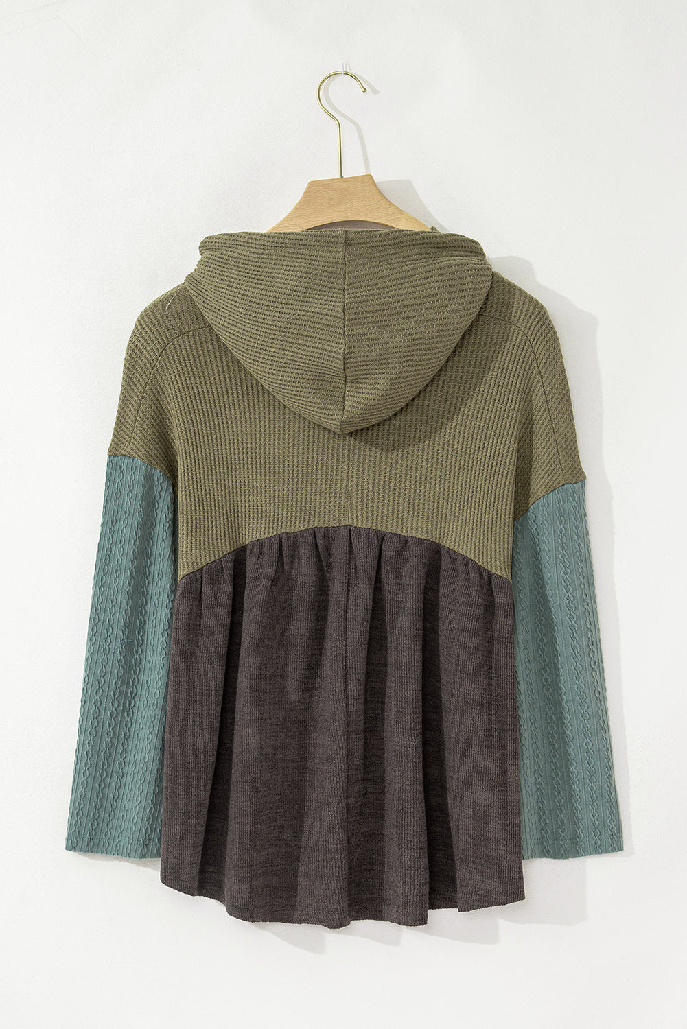*Laurel Green Mixed Textured Colorblock Patchwork Wide Sleeve Frayed High Low Hooded Top