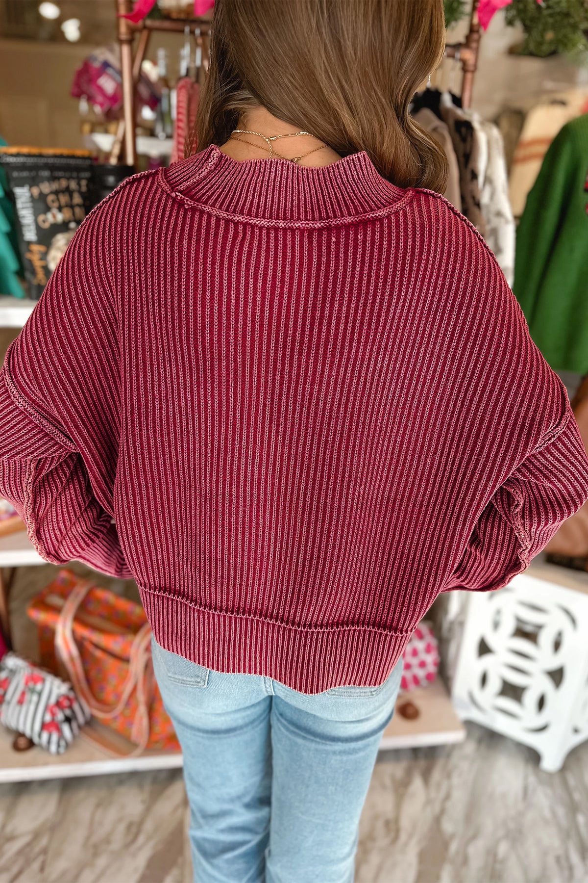 *Red Dahlia Drop Shoulder High Neck Ribbed Sweater