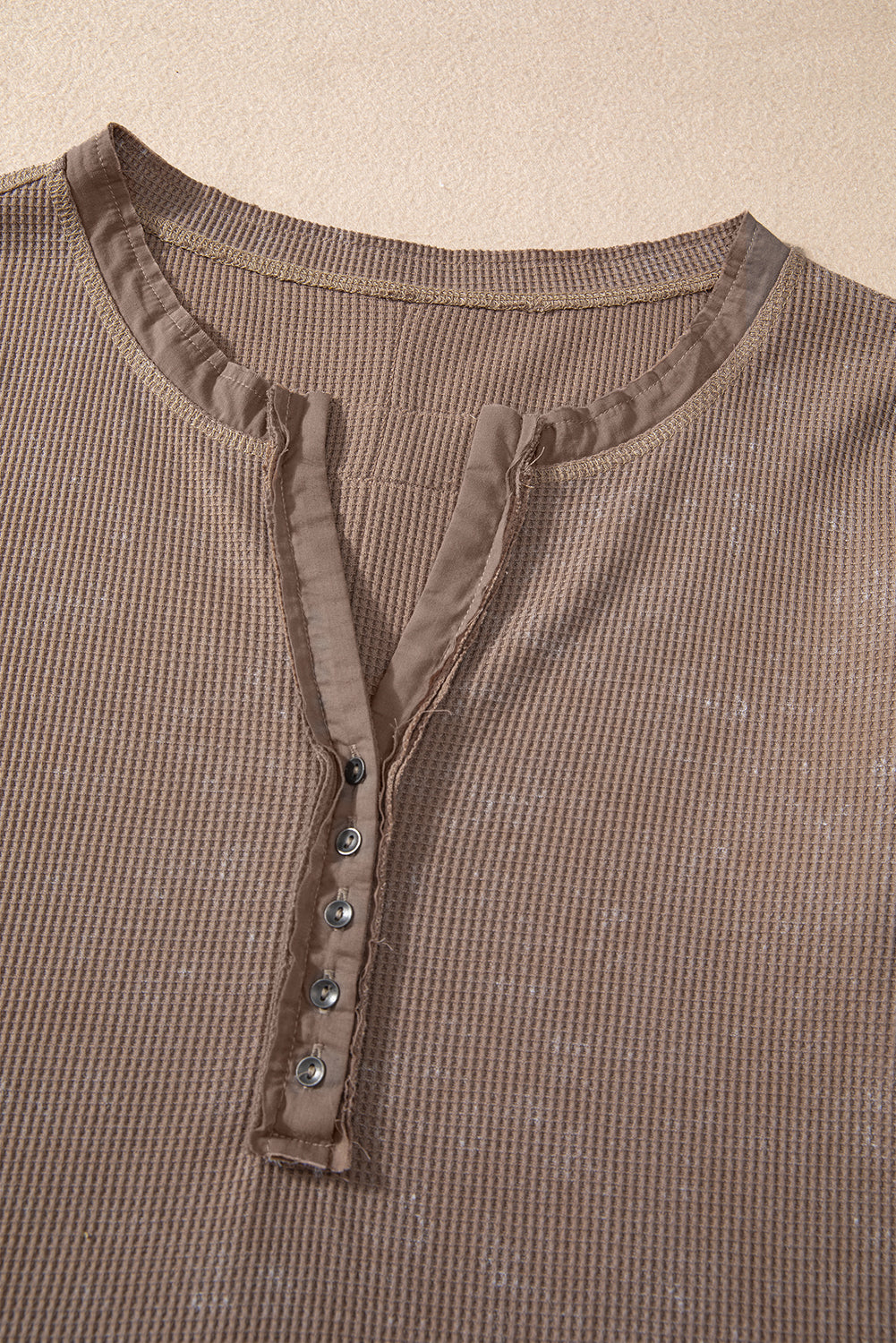 *Coffee Acid Wash Waffle Knit Buttoned Neckline Long Sleeve Top
