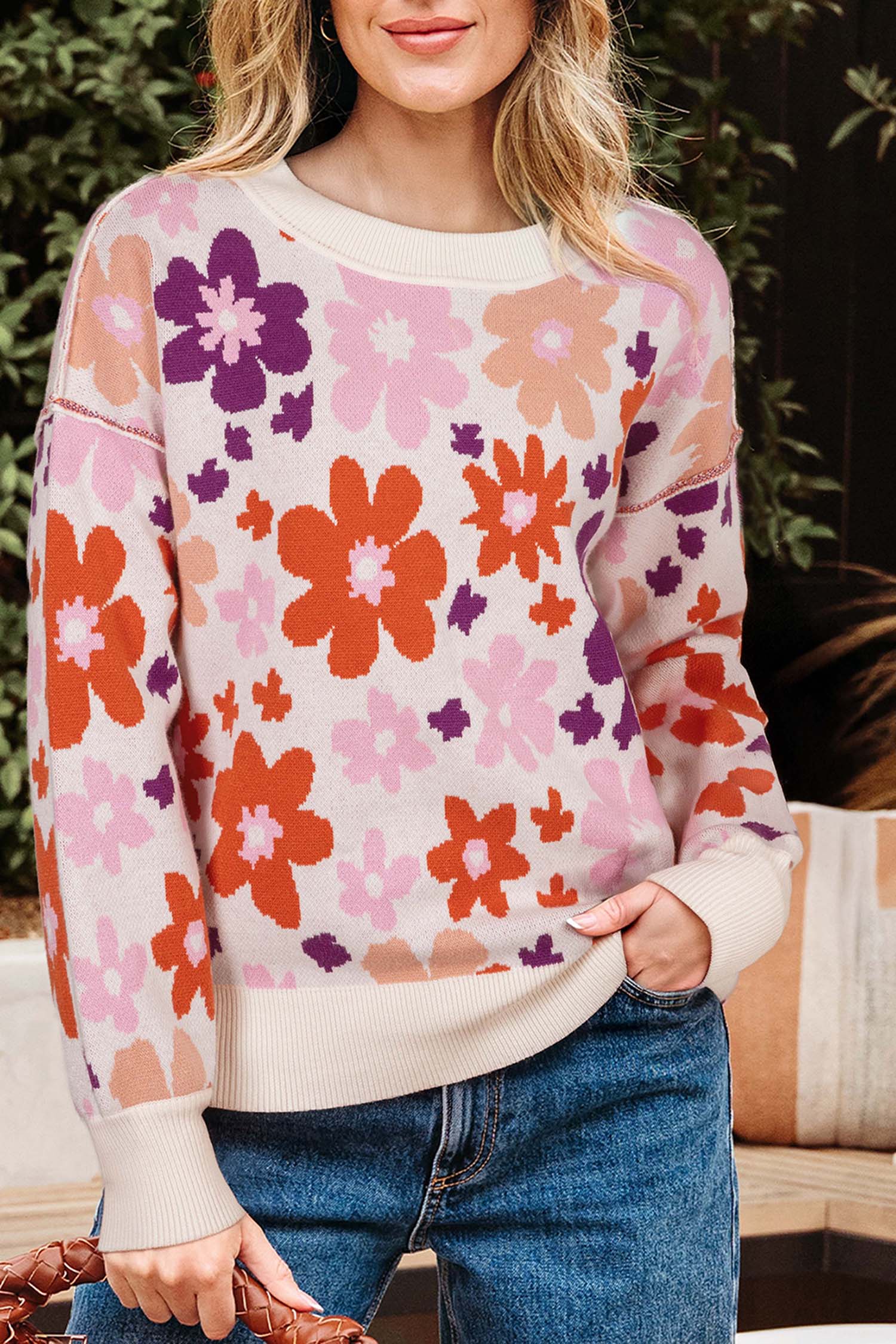 *Khaki Fall Floral Pattern Drop Shoulder Sweater