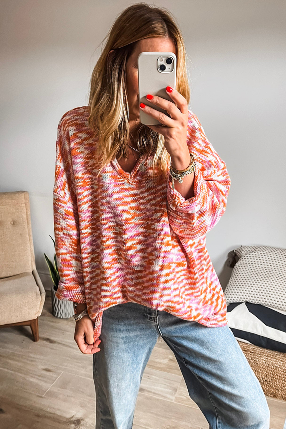 *Orange Vibrant Abstract Print Drop Shoulder V Neck Tunic Oversized Sweater