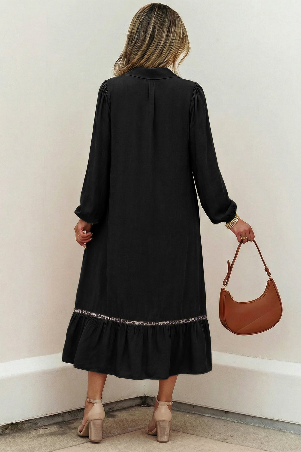 *Four Leaf Clover Collared V Neck Smocked Detail Contrast Leopard Trim Bracelet Sleeve Long Dress