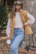 *Khaki Oversized Stand Collar Zip Winter Vest