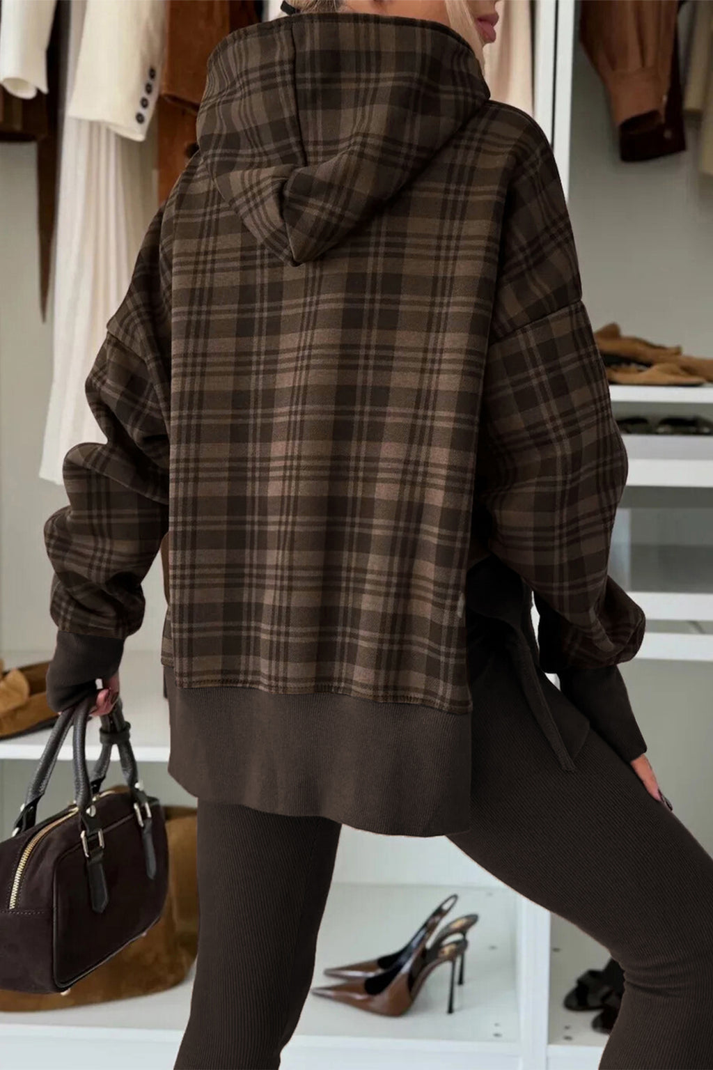 *Beige Plaid Patchwork Side Slit Sweatshirt