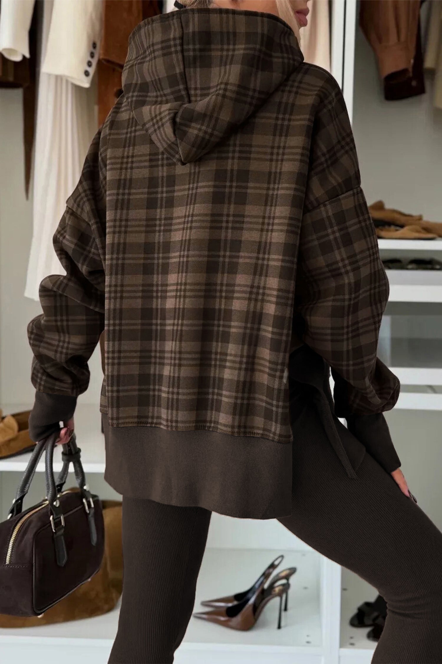*Beige Plaid Patchwork Side Slit Sweatshirt