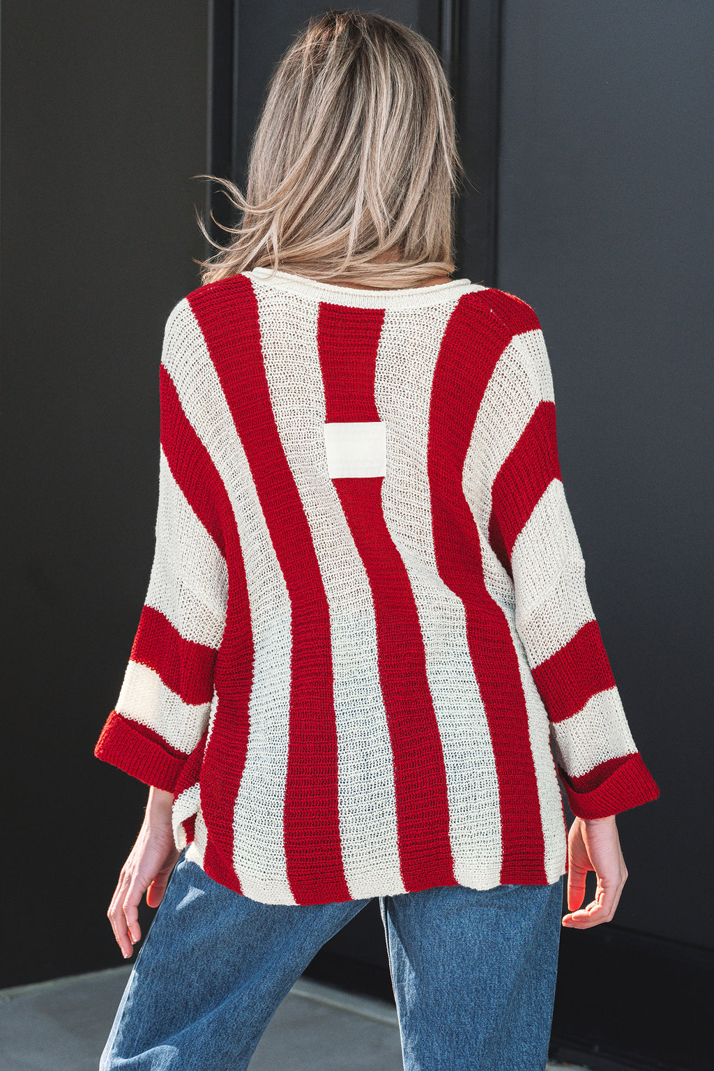 *Brown Stripe Colorblock V Neck Bracelet Sleeve Sweater