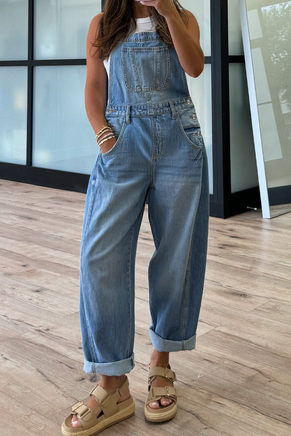 *Dusk Blue Adjustable Buckle Barrel Denim Overalls