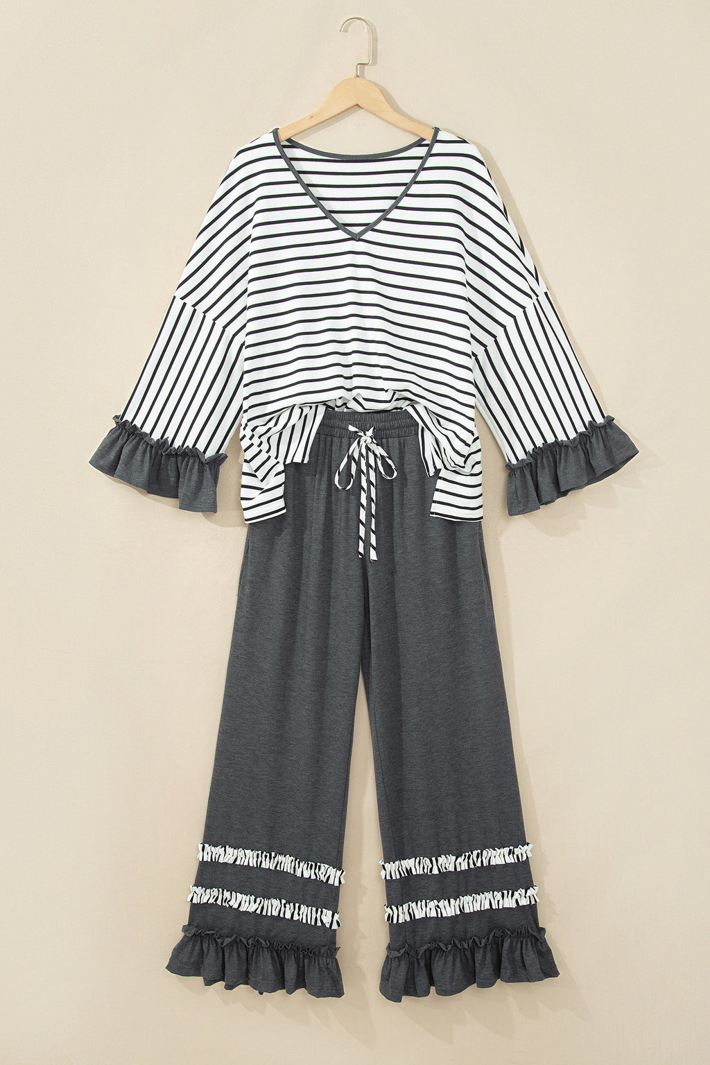 *2 colors Khaki/Gray Stripe V Neck Ruffle Contrast Sleeve Top Drawstring Pants 2pcs Set