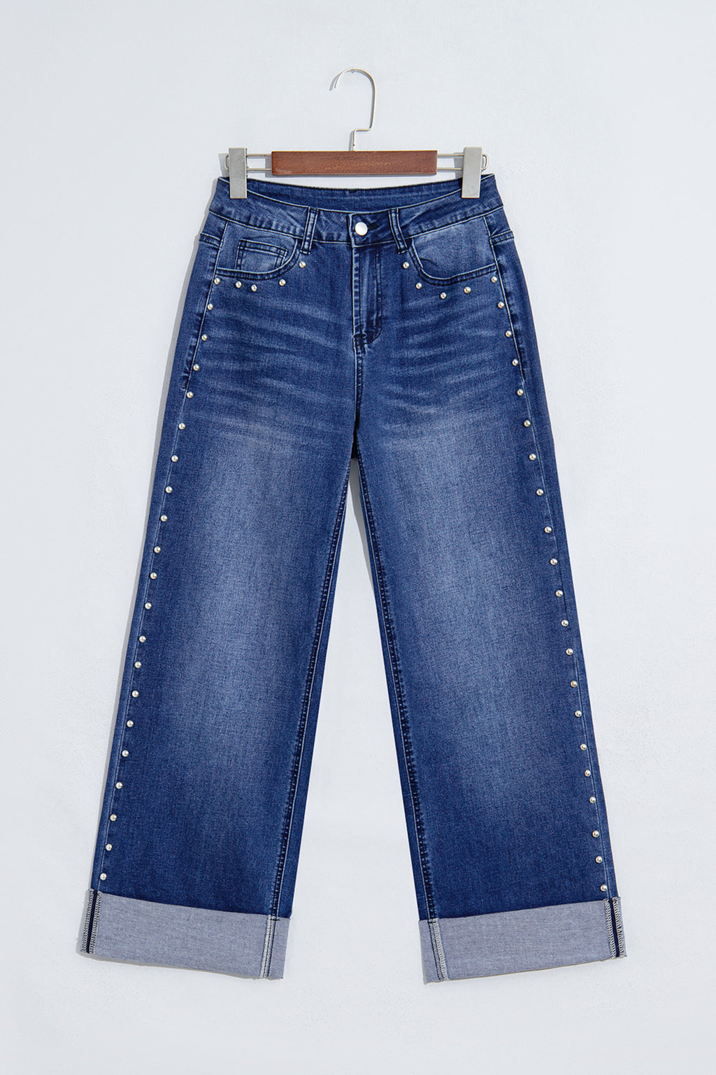 *Navy Blue Studded Detail Straight Leg Casual Loose Jeans