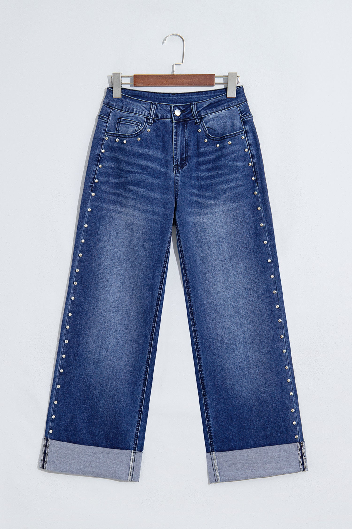 *Navy Blue Studded Detail Straight Leg Casual Loose Jeans
