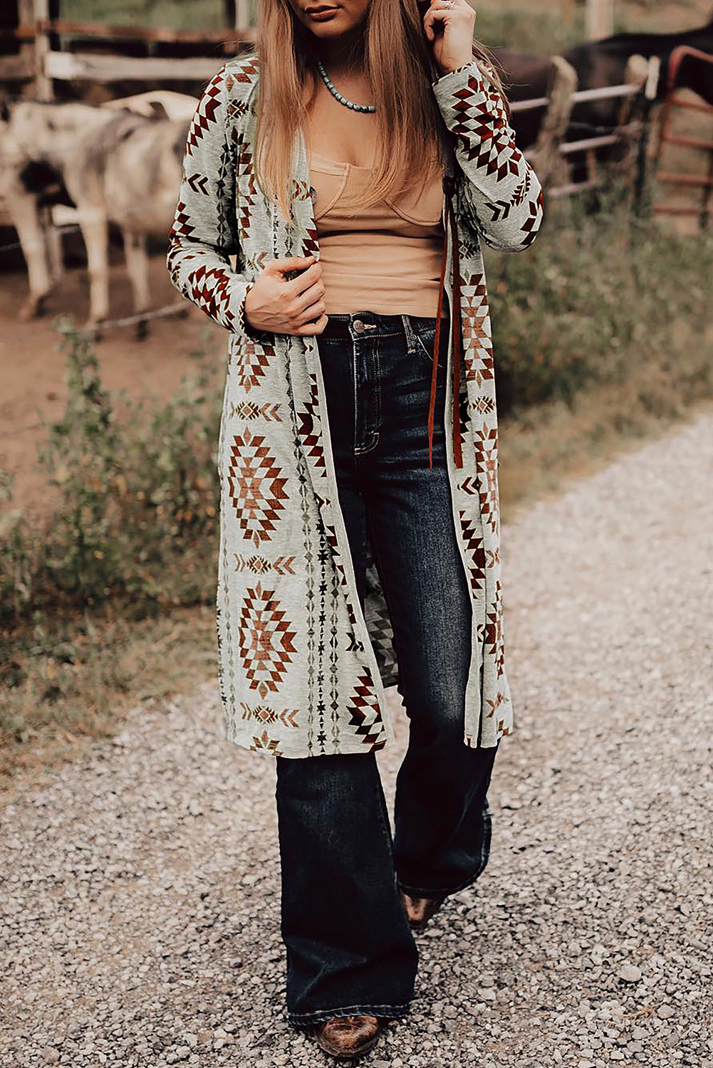 *Brown Western Aztec Printed Open Front Long Cardigan
