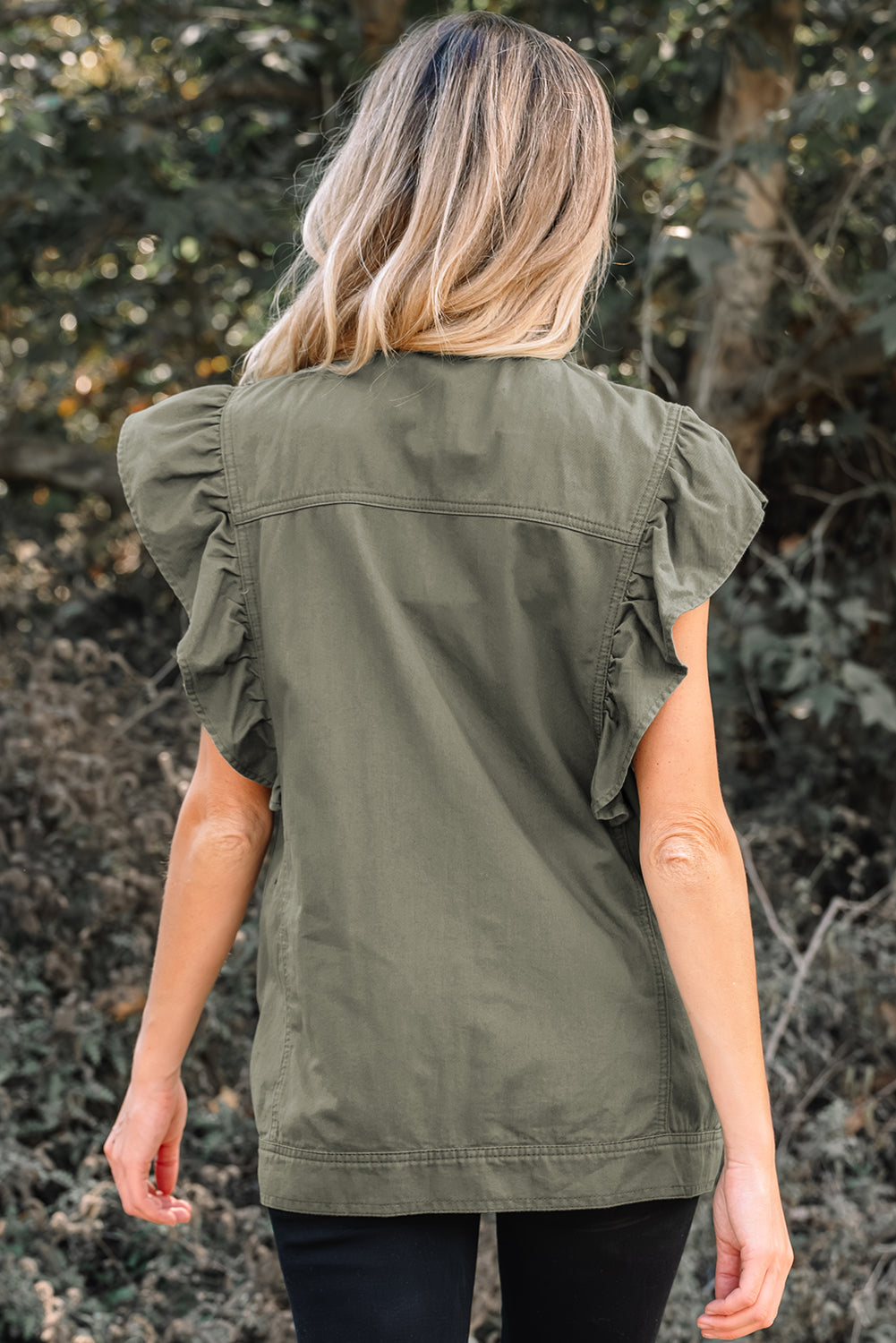 *Pale Khaki Ruffled Patchwork Denim Jacket Vest
