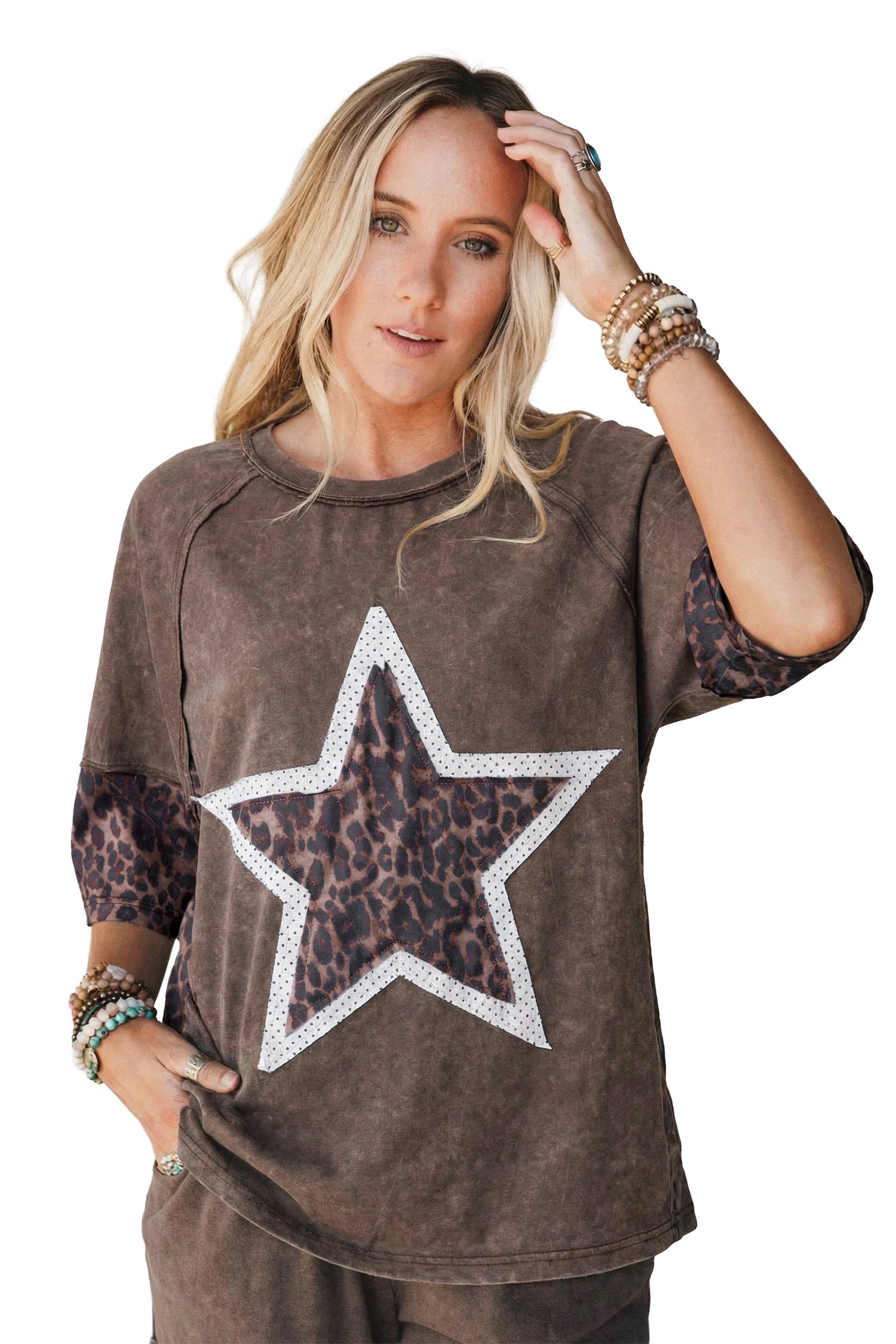 *Coffee Mineral Wash Exposed Seam Leopard Star Patched T Shirt