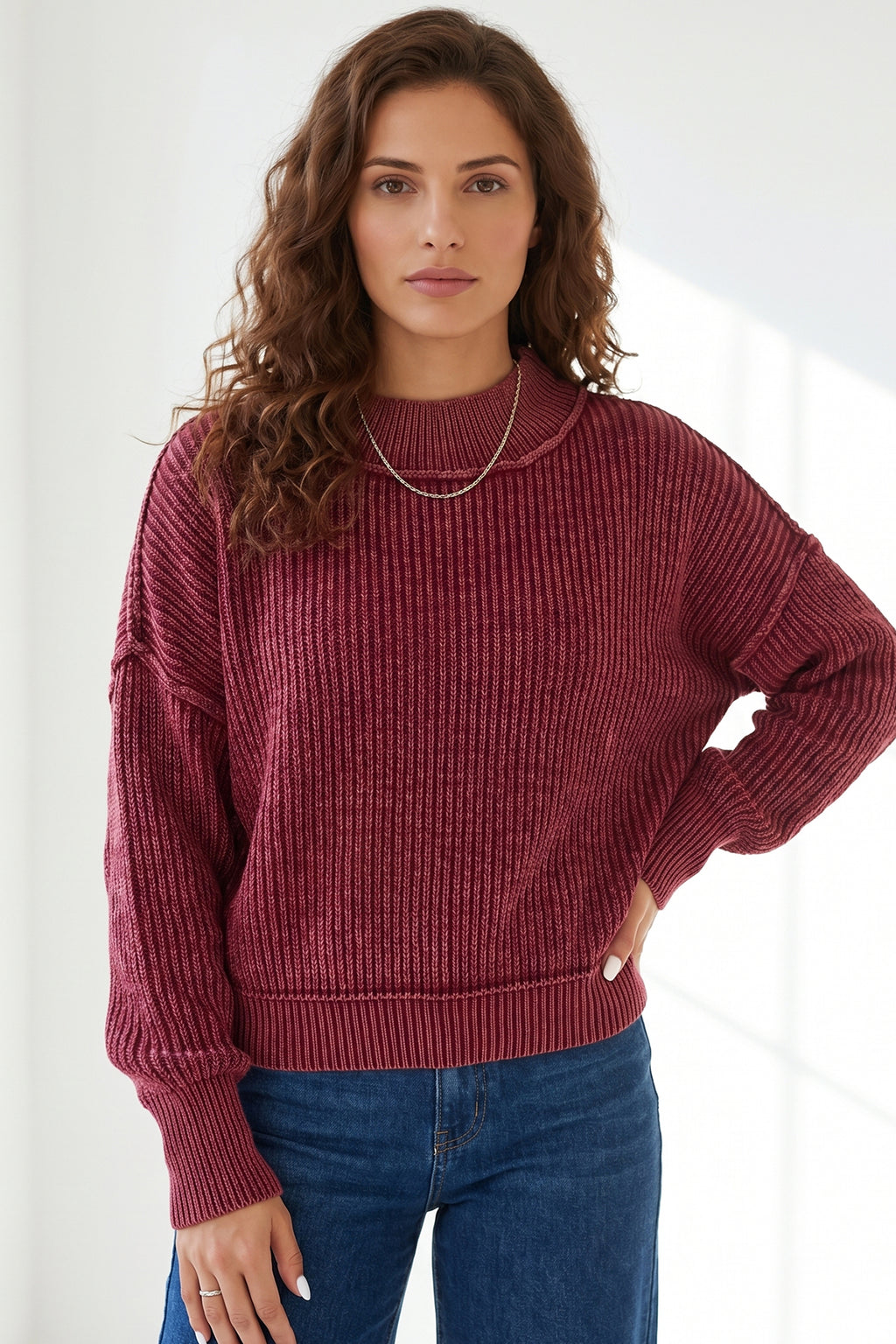 *Red Dahlia Drop Shoulder High Neck Ribbed Sweater