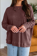 *Dark Brown Waffle Knit Patchwork Long Sleeve Loose Top