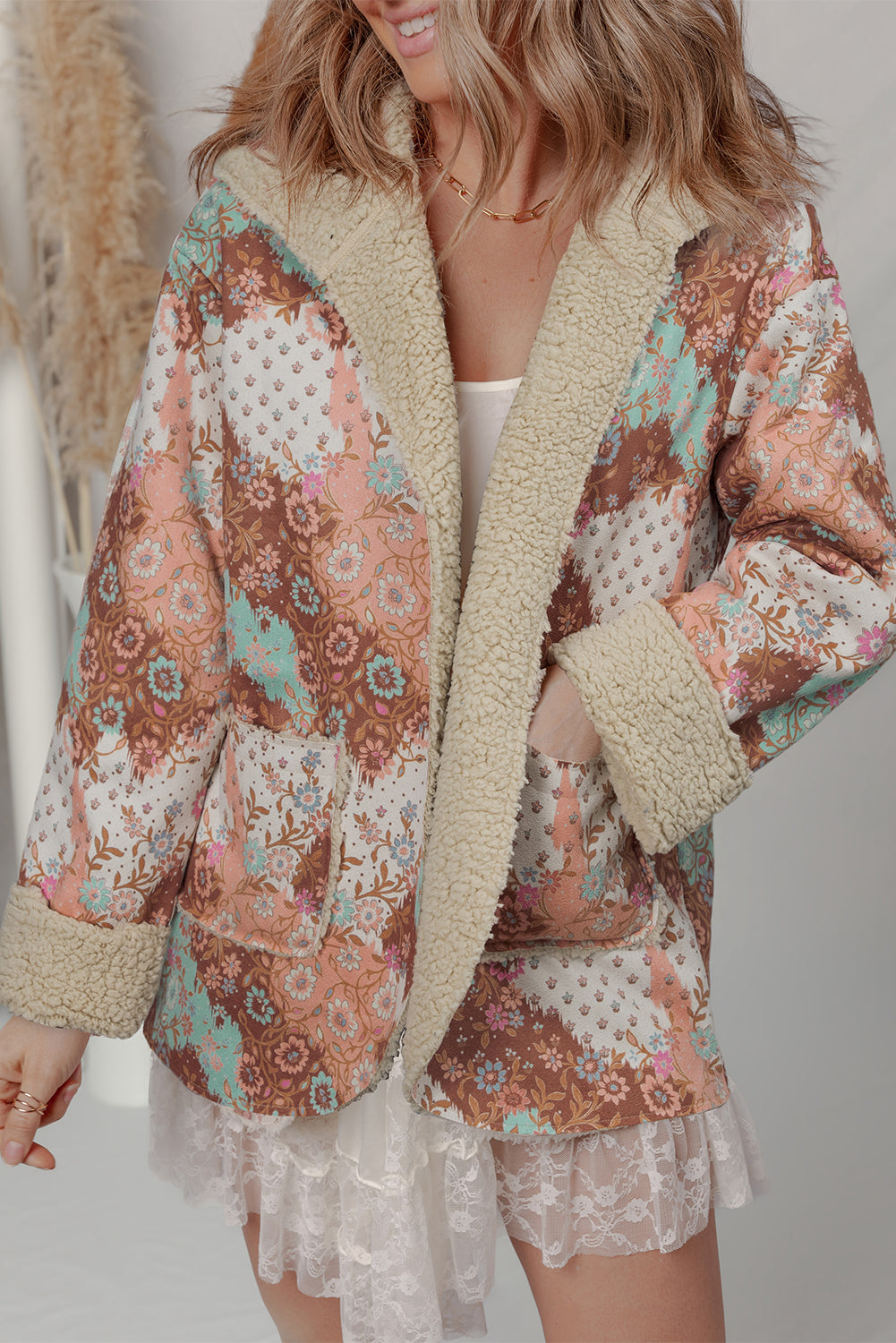*Khaki Vintage Floral Printed Sherpa Lined Hooded Jacket