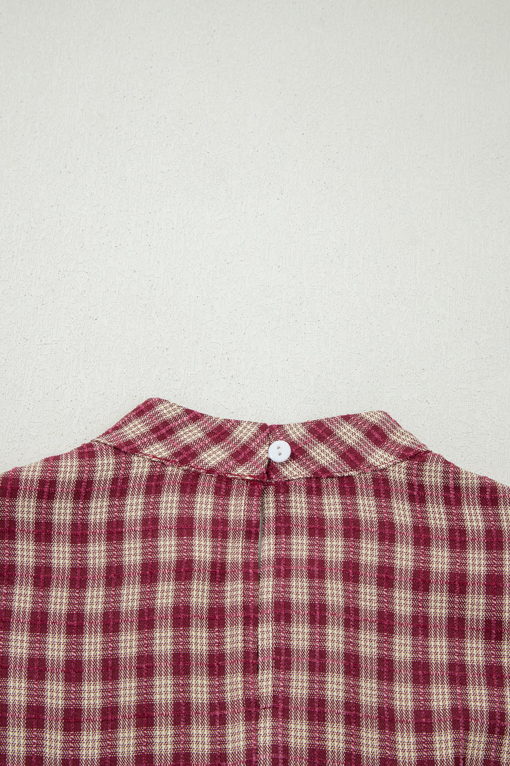 *Coral Country Plaid Long Sleeve Button Keyhole Pleated Loose Blouse