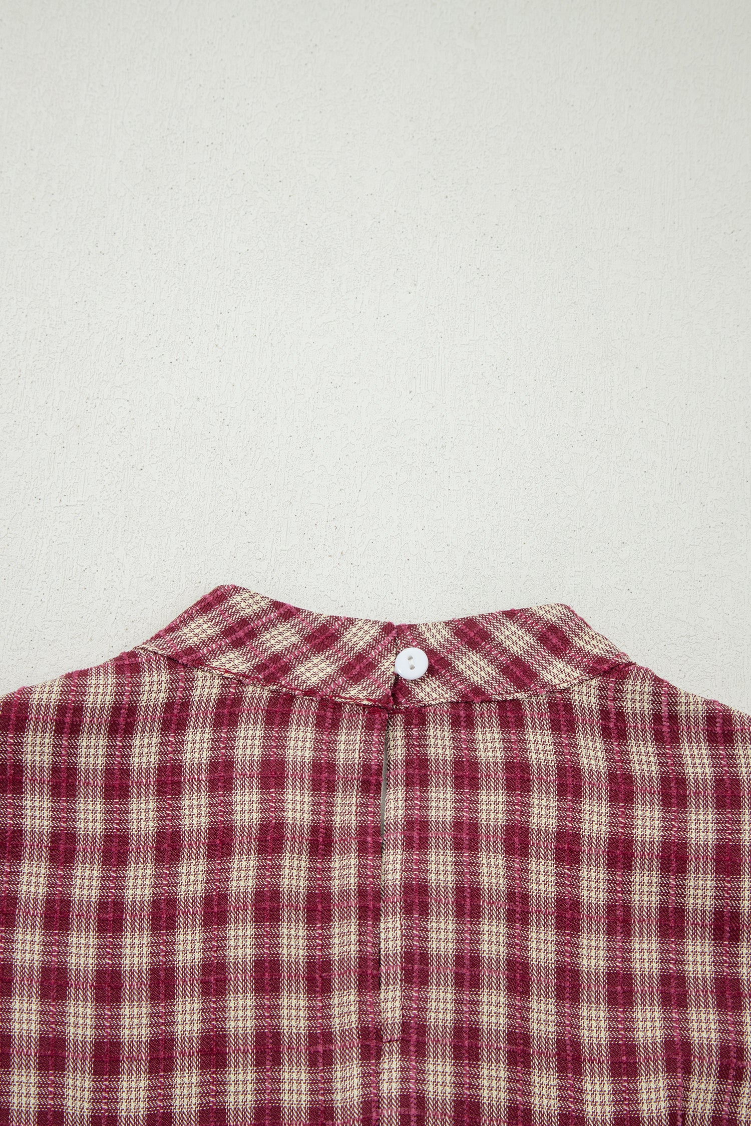 *Coral Country Plaid Long Sleeve Button Keyhole Pleated Loose Blouse