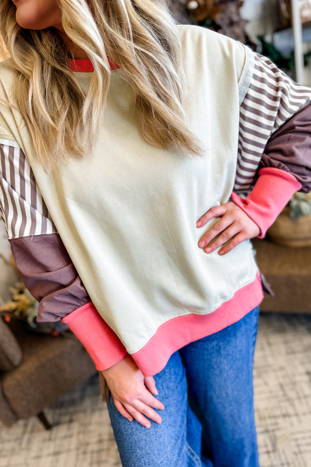 *White Color Block Striped Patchwork Dolman Slit Sweatshirt