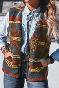 *Multicolour Western Print Faux Fur Metal Zipper Insert Pockets Sleeveless Vest