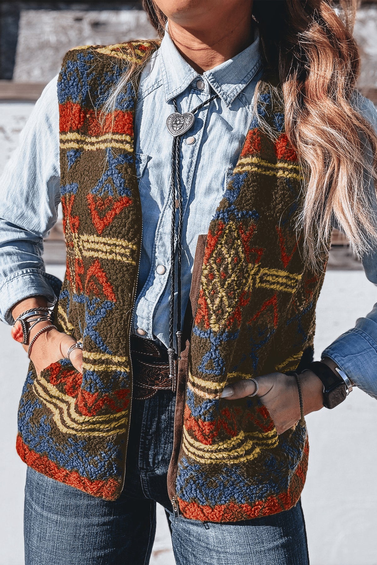 *Multicolour Western Print Faux Fur Metal Zipper Insert Pockets Sleeveless Vest