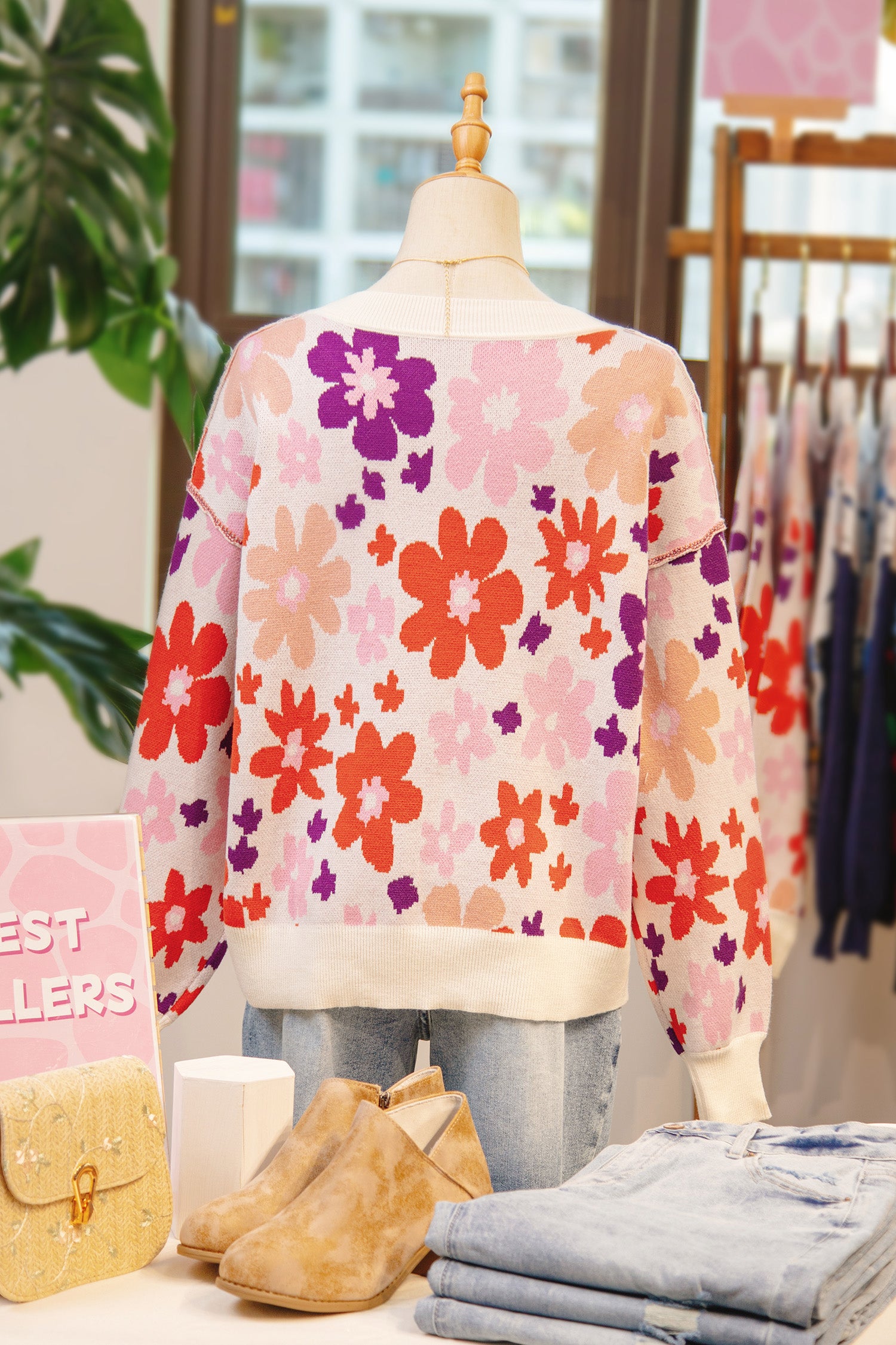 *Khaki Fall Floral Pattern Drop Shoulder Sweater