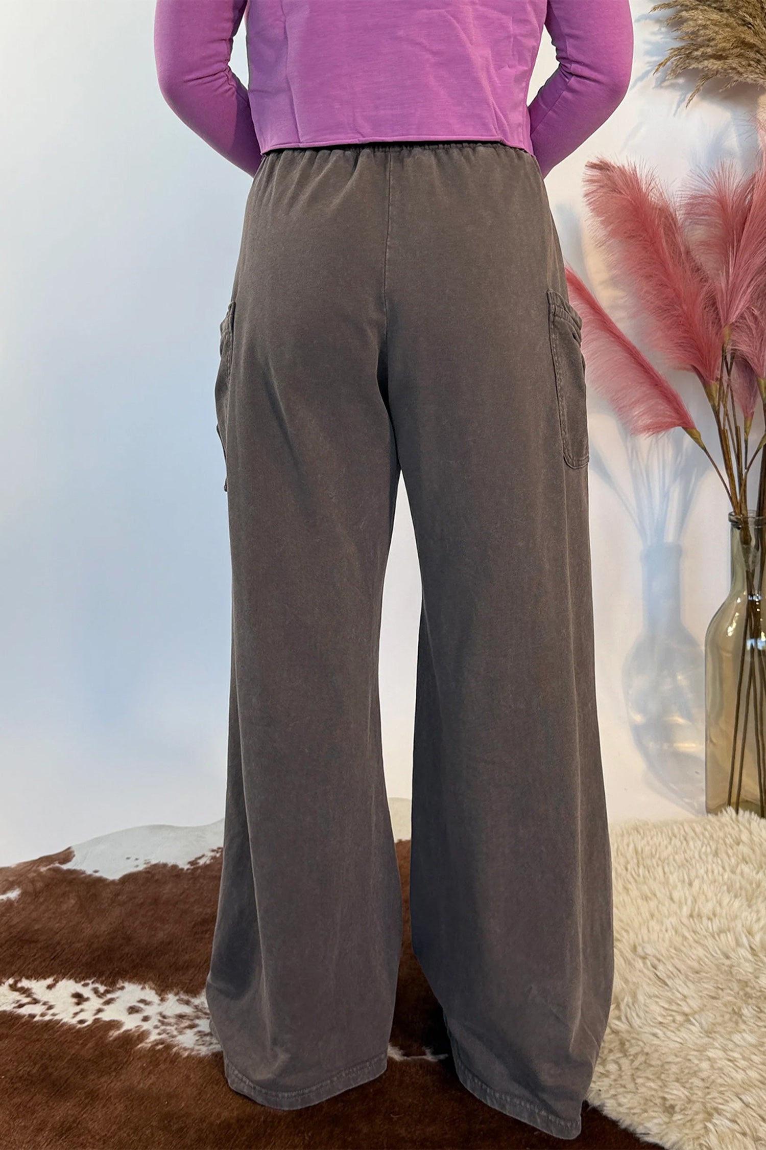 *Dark Brown Cotton Mineral Wash Elastic Waist Drawstring Tie Detail Cargo Pants