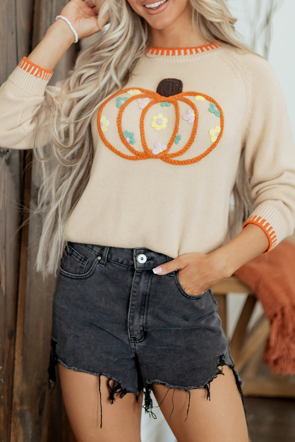*Parchment Floral Embroidery Pumpkin Long Sleeve Round Neck Sweater