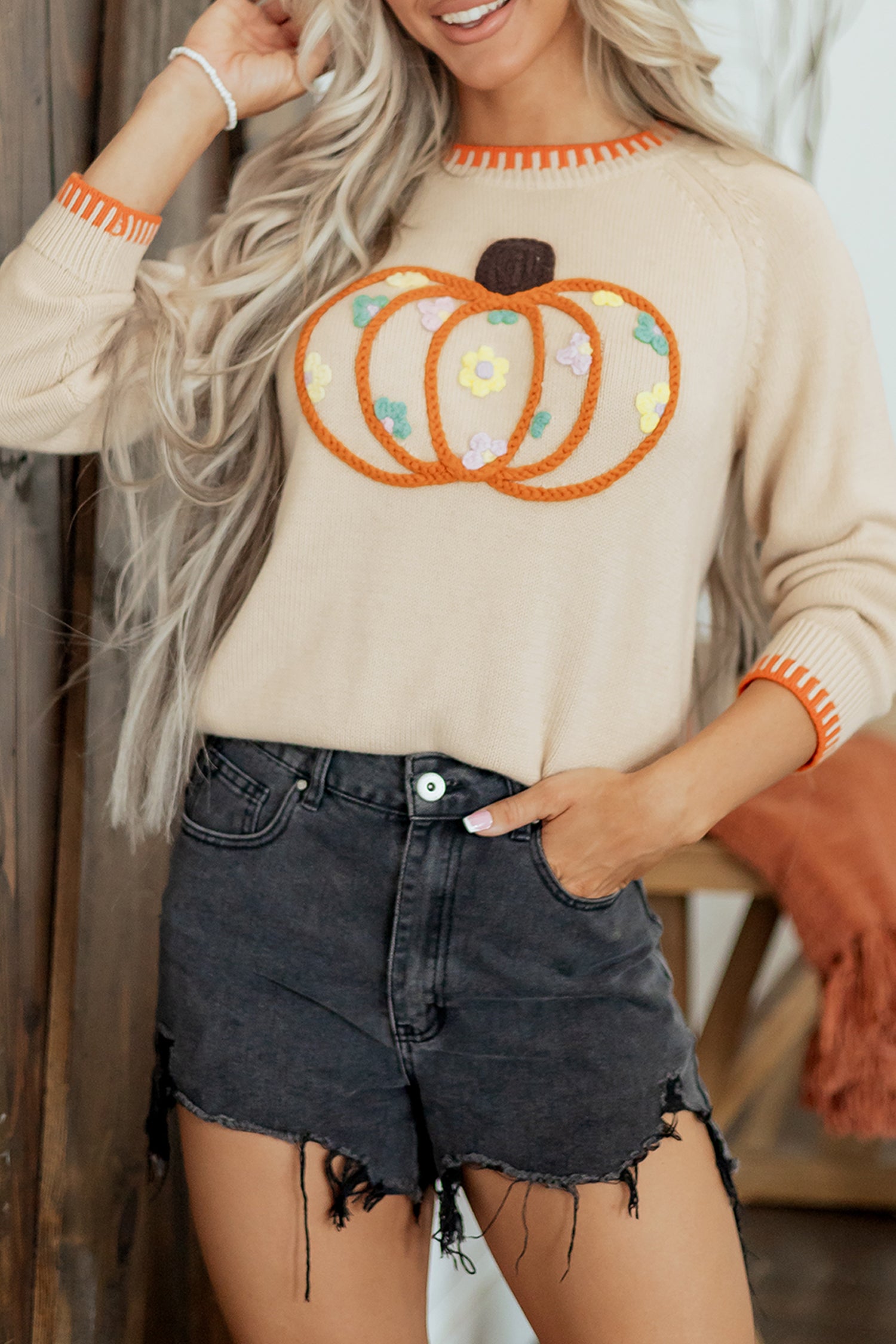 *Parchment Floral Embroidery Pumpkin Long Sleeve Round Neck Sweater