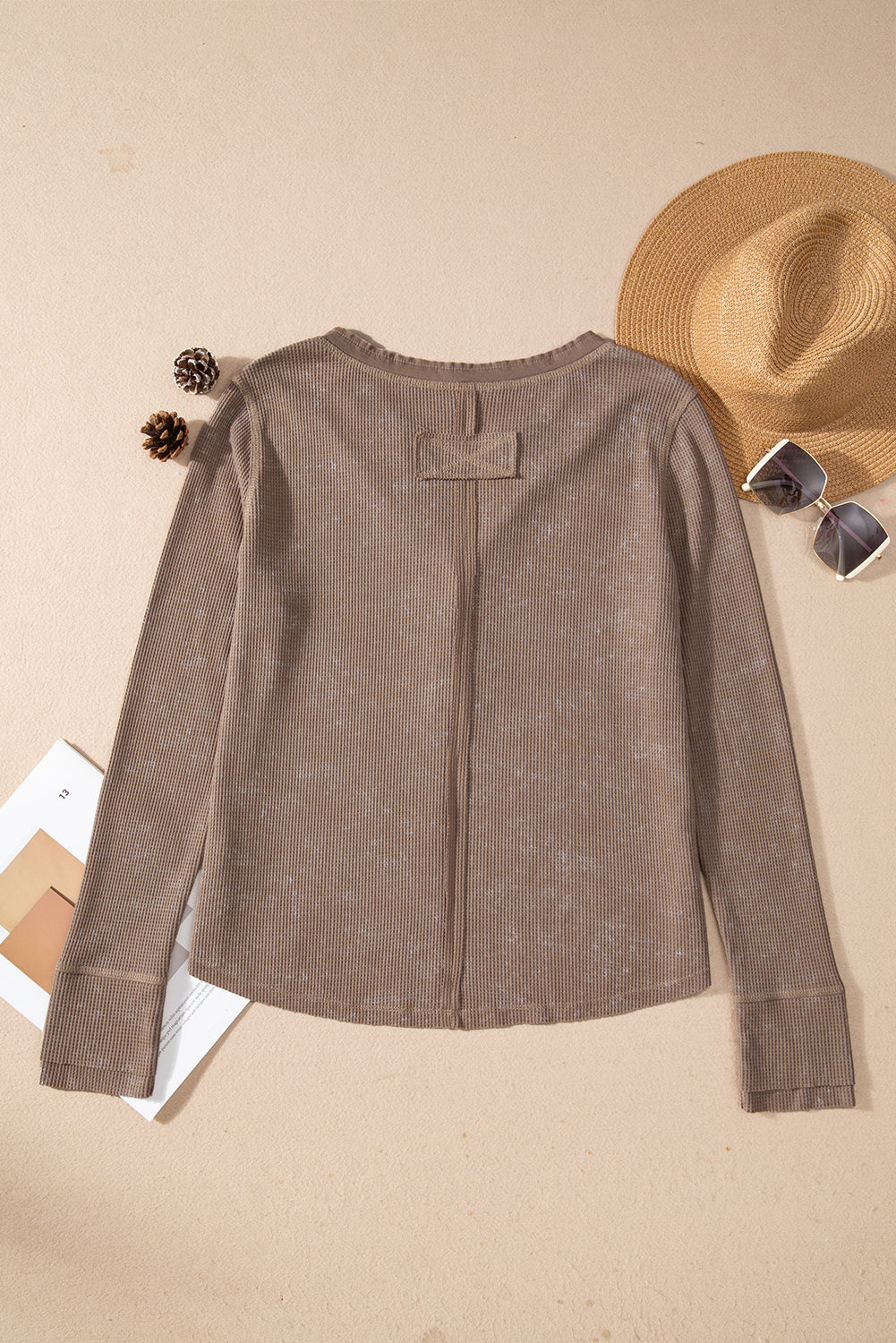 *Coffee Acid Wash Waffle Knit Buttoned Neckline Long Sleeve Top