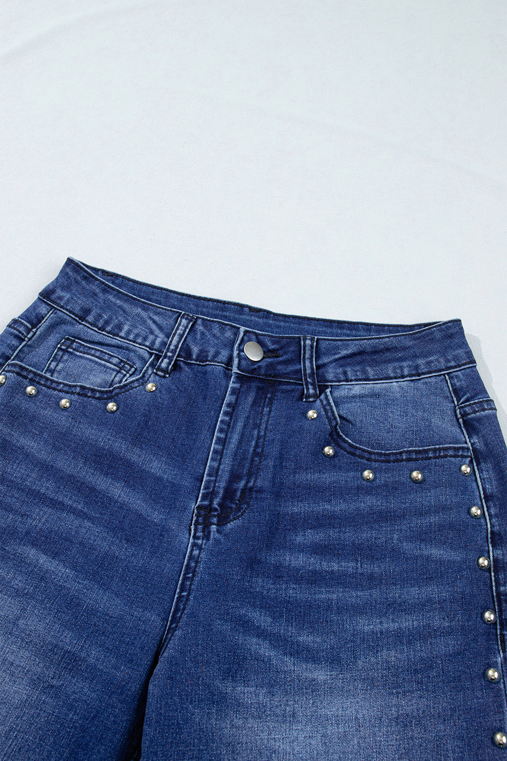 *Navy Blue Studded Detail Straight Leg Casual Loose Jeans