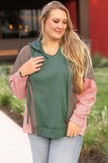 *Green Plus Size Colorblock Patchwork V Neck Hoodie
