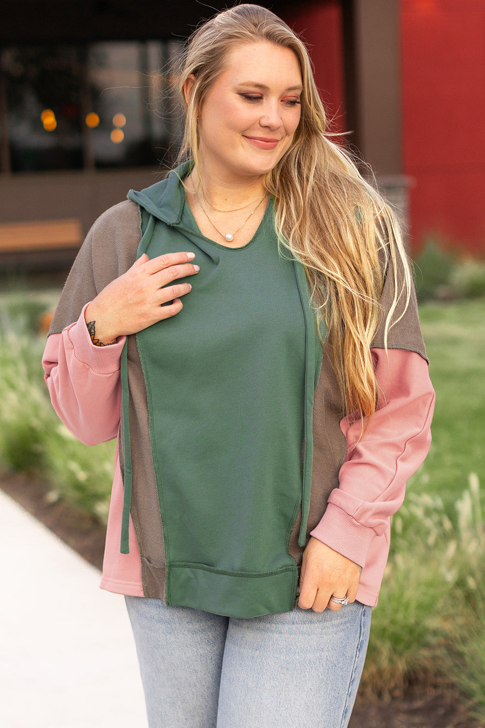 *Green Plus Size Colorblock Patchwork V Neck Hoodie