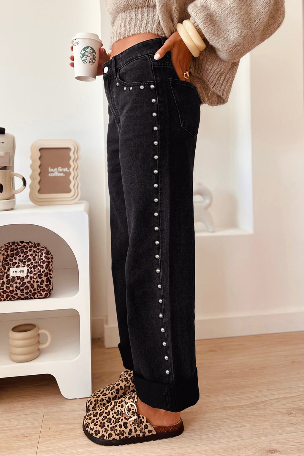 *Navy Blue Studded Detail Straight Leg Casual Loose Jeans