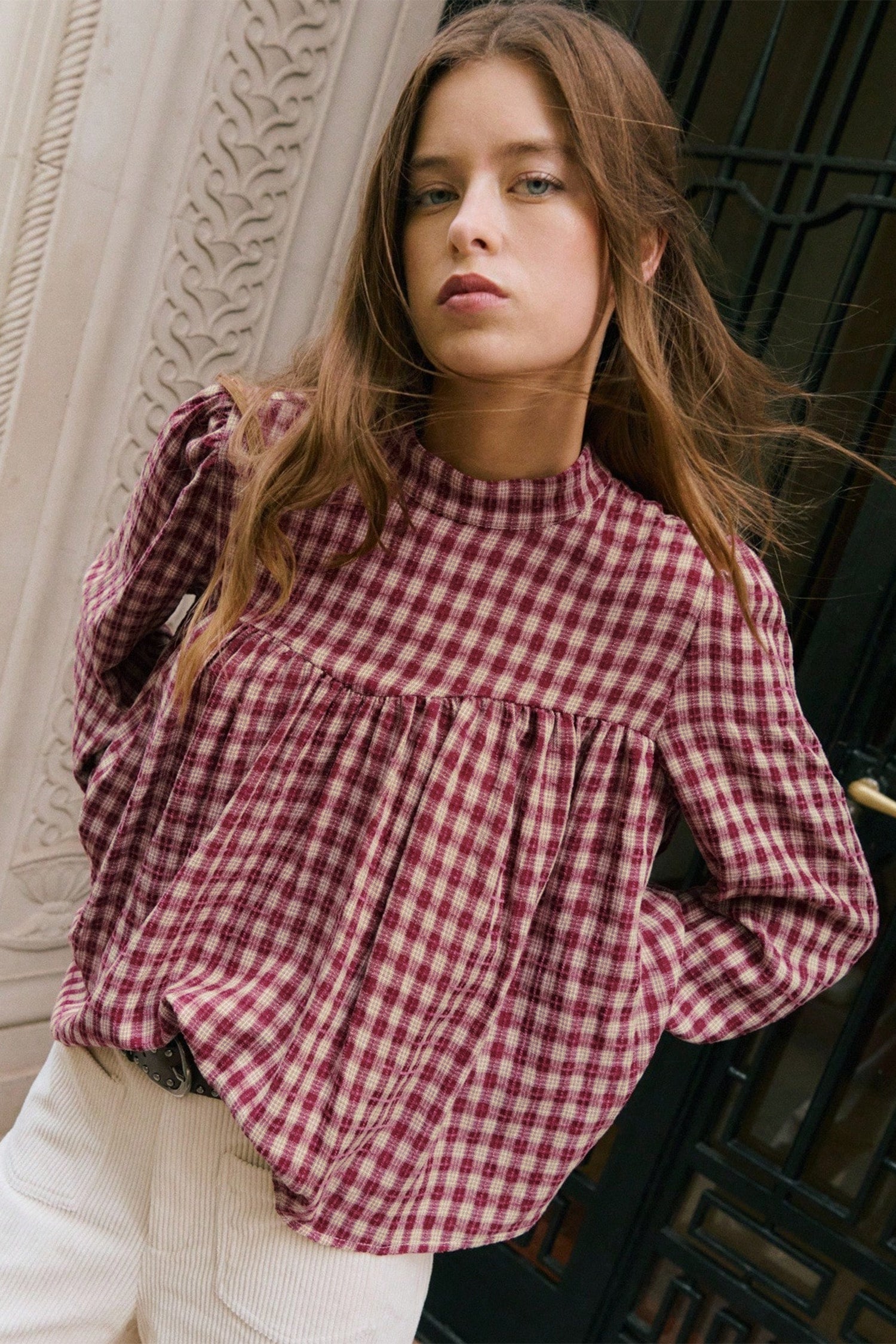 *Coral Country Plaid Long Sleeve Button Keyhole Pleated Loose Blouse