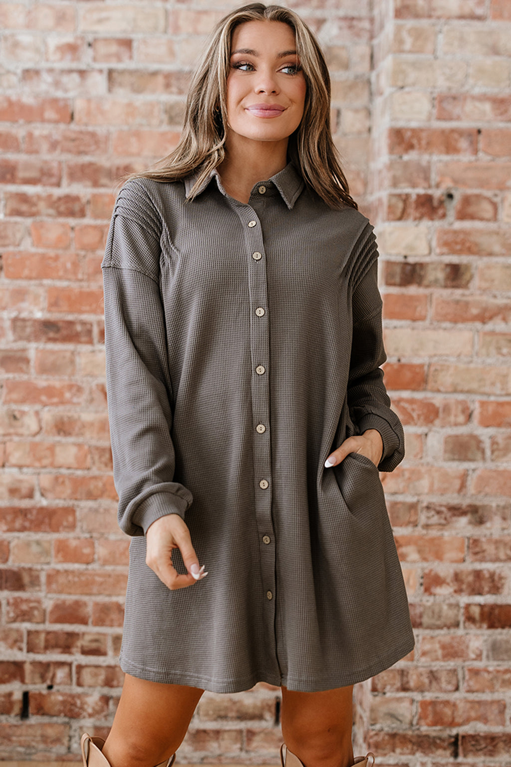 *Simply Taupe Waffle Knit Shirt Tunic Dress