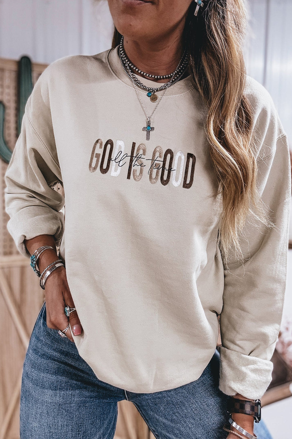 *Jet Stream GOD IS GOOD Western Embroidered Letter Crewneck Pullover Sweatshirt