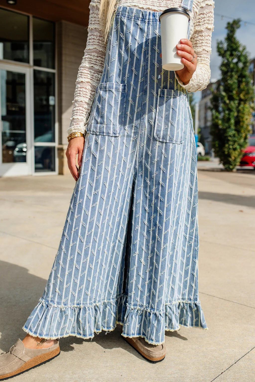 *Myosotis Striped Distressed Ruffled Wide Leg Denim Overalls