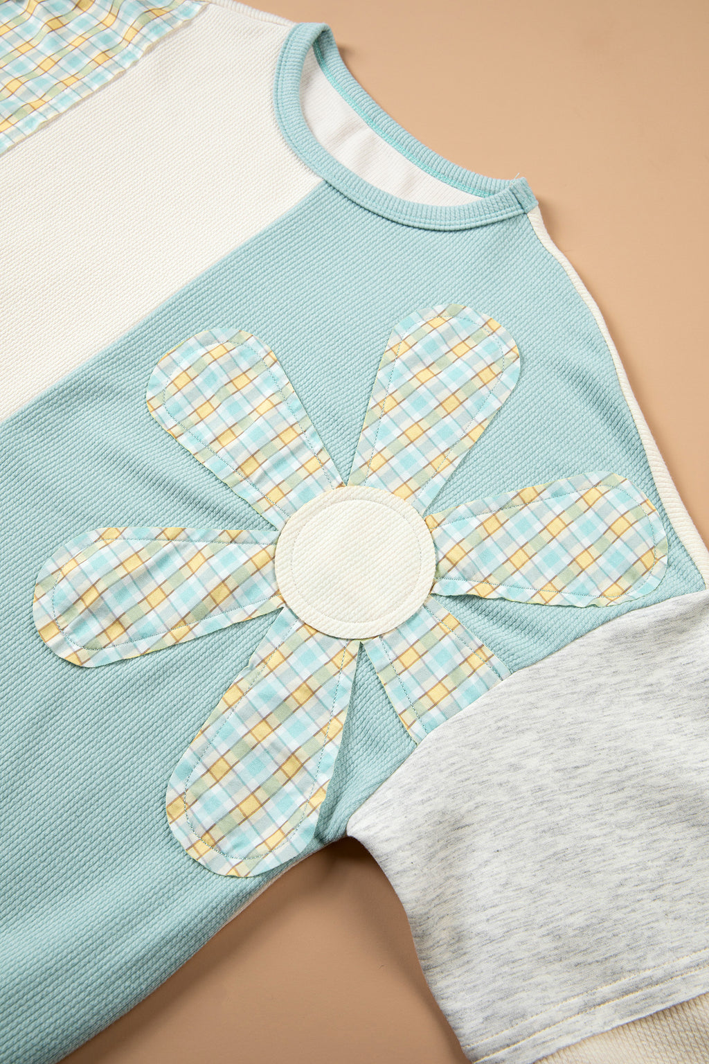 *Light Blue Plaid Patchwork Round Neck Long Sleeve Top